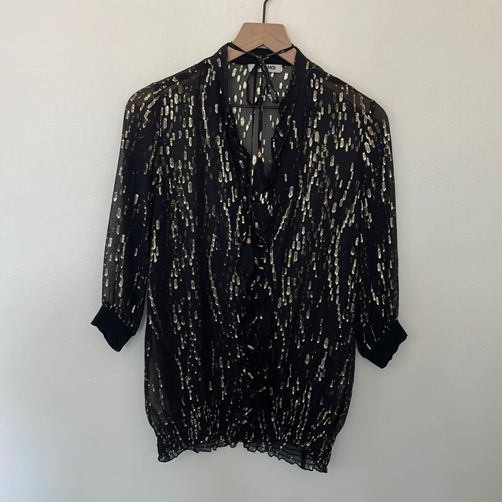 Max & Moi | Silk Sheer Tie Neck Puff Balloon Sleeve Metallic Gold Blouse Medium